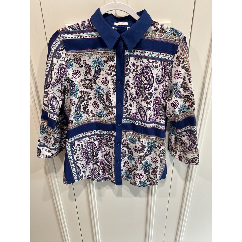 Chico's Paisley No Iron Stretch Button Down Shirt Size 1 Boho Chic Artsy